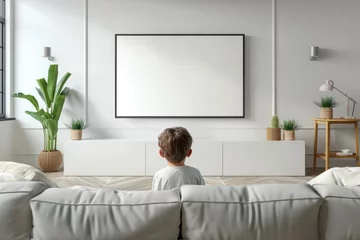 Foto op Aluminium A child is watching TV white mockup screen in a modern interior of a white room © Anna