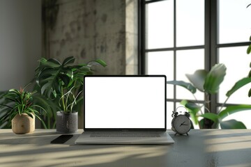 A desk setup with a laptop displaying a white mockup screen in a modern office environment