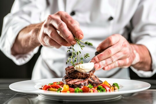 A chef garnishing a dish with precision Isolated on white background