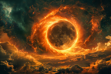 Dramatic Solar Eclipse.  Generated Image.  A digital rendering of a solar eclipse in a dramatic setting in a painting. - obrazy, fototapety, plakaty