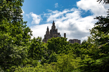 A New York City skyscraper as seen from Central Park which is a public urban park located in the metropolitan district of Manhattan, in the Big Apple in New York City (USA).
