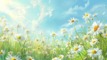 Summer bright landscape with beautiful wild flowers camomiles. Daisy wildflowers against the sky. ,Generative ai, 