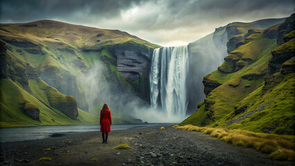 Woman overlooking waterfall at skogafoss, Iceland
 - obrazy, fototapety, plakaty