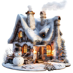 A cozy winter scene with a snow-covered cottage, smoke rising from the chimney, and a snowman in the yard isolated on white background, cinematic, png
