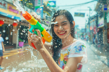 Happy traveler asian woman wearing summer shirt holding colourful squirt water gun over blur city, Water festival holiday concept - obrazy, fototapety, plakaty