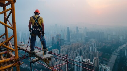 A construction worker stands atop a skyscraper, surrounded by the mesmerizing city landscape, under a cloudy sky with water glittering in the distance. AIG41