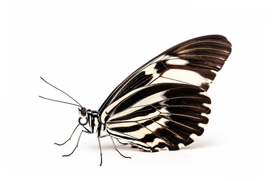 Beautiful Zebra Longwing butterfly isolated on a white background. Side view