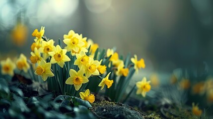 Yellow daffodils flower bed.nature background ,Generative ai,  - obrazy, fototapety, plakaty