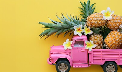bright pink toy truck full of pineapples and plumeria flowers on a bright yellow background, summer vibes