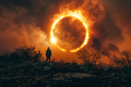Dramatic Solar Eclipse.  Generated Image.  A digital rendering of a solar eclipse in a dramatic setting in a painting.