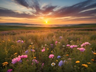 A sprawling field of wildflowers at sunrise, with the horizon glowing softly and a tapestry of colors waving gently in the morning breeze, generative AI