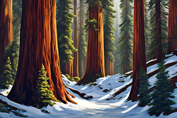 beautiful landscape painting of sequoia trees in a redwood forest during winter, snow on the ground