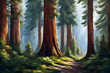 beautiful landscape painting of a forest of pine trees and sequoia redwoods