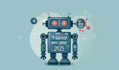 Fototapeta premium The robot congratulates humanity on the coming year 2025.