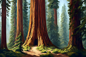 beautiful landscape painting of a giant sequoia redwood tree with a tunnel in it