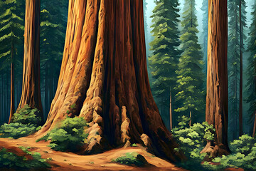 beautiful landscape painting of massive towering sequoia trees in a redwood forest - obrazy, fototapety, plakaty