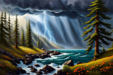 beautiful dramatic landscape painting of a pine tree forest in the mountains, water crashing against the rocky lake shore, storm rolling in with dark clouds and lighting