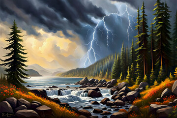 beautiful dramatic landscape painting of a rocky lake and pine tree forest in the mountains, storm rolling in with dark clouds and lighting