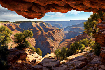 beautiful dramatic landscape painting - Grand Canyon National Park - America's natural beauty - desert view from beneath an outcrop of red stone rock