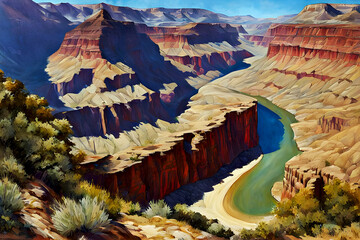 beautiful dramatic landscape painting - Grand Canyon National Park - America's natural beauty - Colorado River - obrazy, fototapety, plakaty