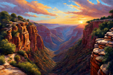 beautiful dramatic landscape painting - Grand Canyon National Park - America's natural beauty - stark desert beauty as the sun rises over Arizona red cliffs and sandstone formations