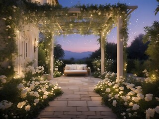 A tranquil garden at twilight, where the sweet fragrance of jasmine fills the air, under a canopy of twinkling stars, generative AI