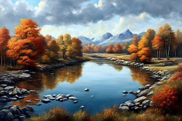 beautiful painted landscape with a rocky lake in the mountains, autumn foliage forest and cloudy sky