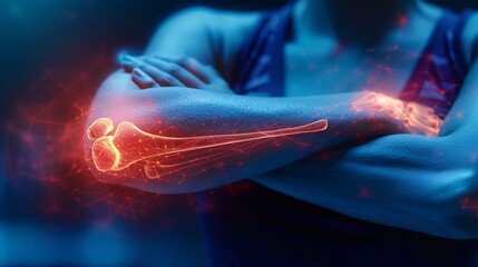 Joint diseases such as head of radius, olecranon, lateral epicondyle, depicting a woman experiencing elbow pain, emphasizing health issues - obrazy, fototapety, plakaty