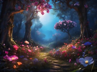 Obraz na płótnie Canvas An enchanted forest clearing filled with exotic, luminous flowers that glow under the light of a full moon, casting magical shadows, generative AI