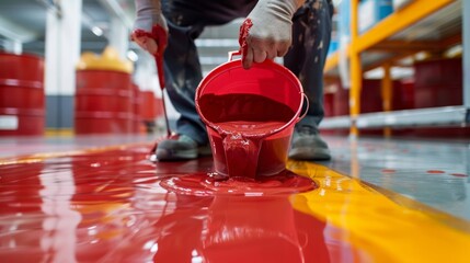 Worker applying red epoxy resin bucket on floor. marking the floor of an underground parking - obrazy, fototapety, plakaty