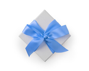 Top view of white paper present box with blue ribbon isolated on white background