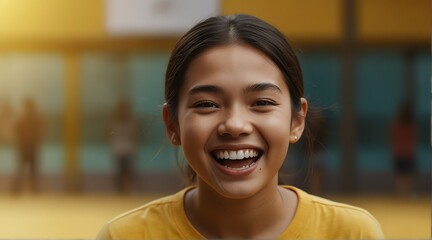 young filipino teenage girl on plain bright yellow background laughing hysterically looking at camera background banner template ad marketing concept from Generative AI - obrazy, fototapety, plakaty