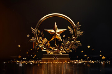 Isolated against a black background, a gold award circle pedestal features a ribbon, star, laurel wreath, glittering glitter, and sparkles.