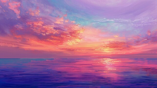 A stunning sunset painting the sky in shades of pink, purple, and orange over a tranquil ocean horizon.