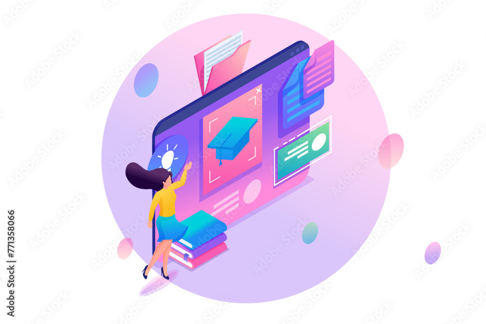 Poster isometry web design template. young girl is studying remotely on a tablet. online learning. vector i