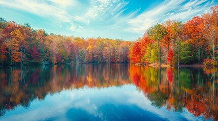 A tranquil lake reflecting the vibrant colors of autumn foliage surrounding its peaceful shores.