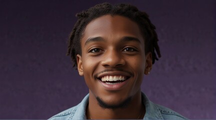 young jamaican teenage boy on plain bright purple background laughing hysterically looking at camera background banner template ad marketing concept from Generative AI