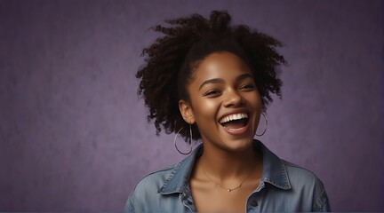 young jamaican teenage girl on plain bright purple background laughing hysterically looking at camera background banner template ad marketing concept from Generative AI