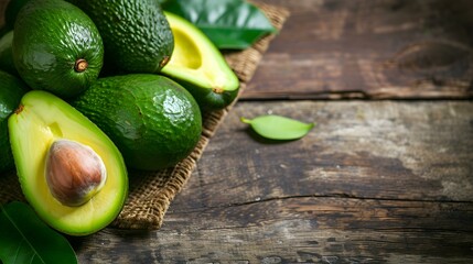 Close up of fresh Avocados on a rustic wooden Table