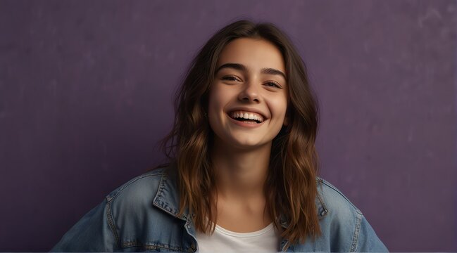 young italian teenage girl on plain bright purple background laughing hysterically looking at camera background banner template ad marketing concept from Generative AI