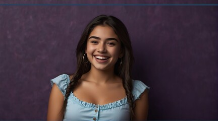 young mexican teenage girl on plain bright purple background laughing hysterically looking at camera background banner template ad marketing concept from Generative AI