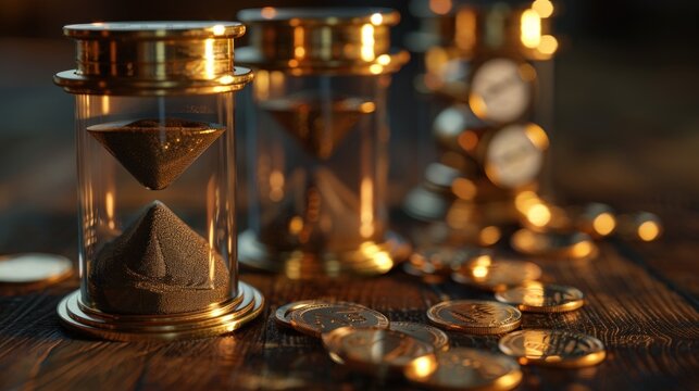  Time is Money: Sand Clocks with Coins on a Table made with Generative AI
