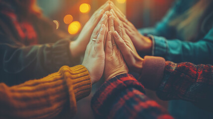 Christian fellowship, close-up on intertwined hands praying, documentary style, showcasing connection and faith.