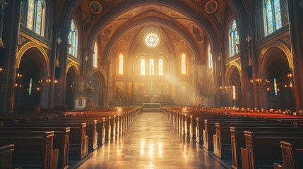 Fototapeta na wymiar The serene beauty of Christian church architecture and interiors, with an emphasis on the dramatic play of light and shadow, in a portrait photography style.