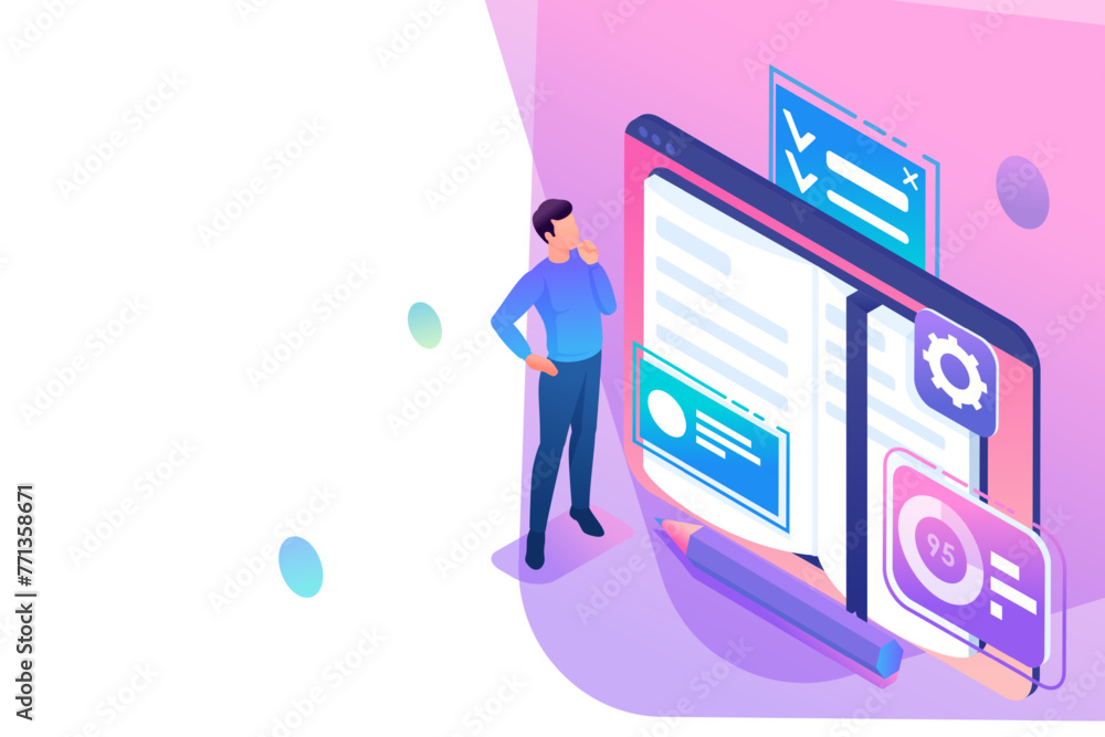 Poster isometry web design template. man is studying educational material on a tablet. online learning. vec