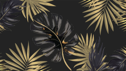 Exquisite Vector Design: Golden and Black Tropical Leaves with Dark Monstera, Palm Graphic, Creative Nature Backdrop, Minimalistic Summer Abstract Jungle Pattern, Luxurious Exotic Botanical Cosmetics 