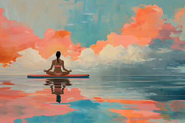 woman sits on a paddle board practicing yoga on the w a8480a18-7f2b-481d-b45c-330bb1f524d8 0