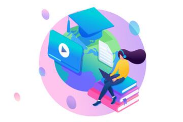 Isometry Web Design Template. Online Education, The Opportunity To Study At World Universities. Vector Illustration