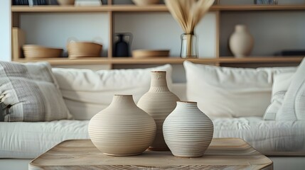 Fototapeta na wymiar Close up of clay vases on rustic coffee table near sofa against shelving unit. Scandinavian home interior design of modern living room.