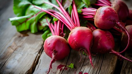 Close up of fresh Beets on a rustic wooden Table